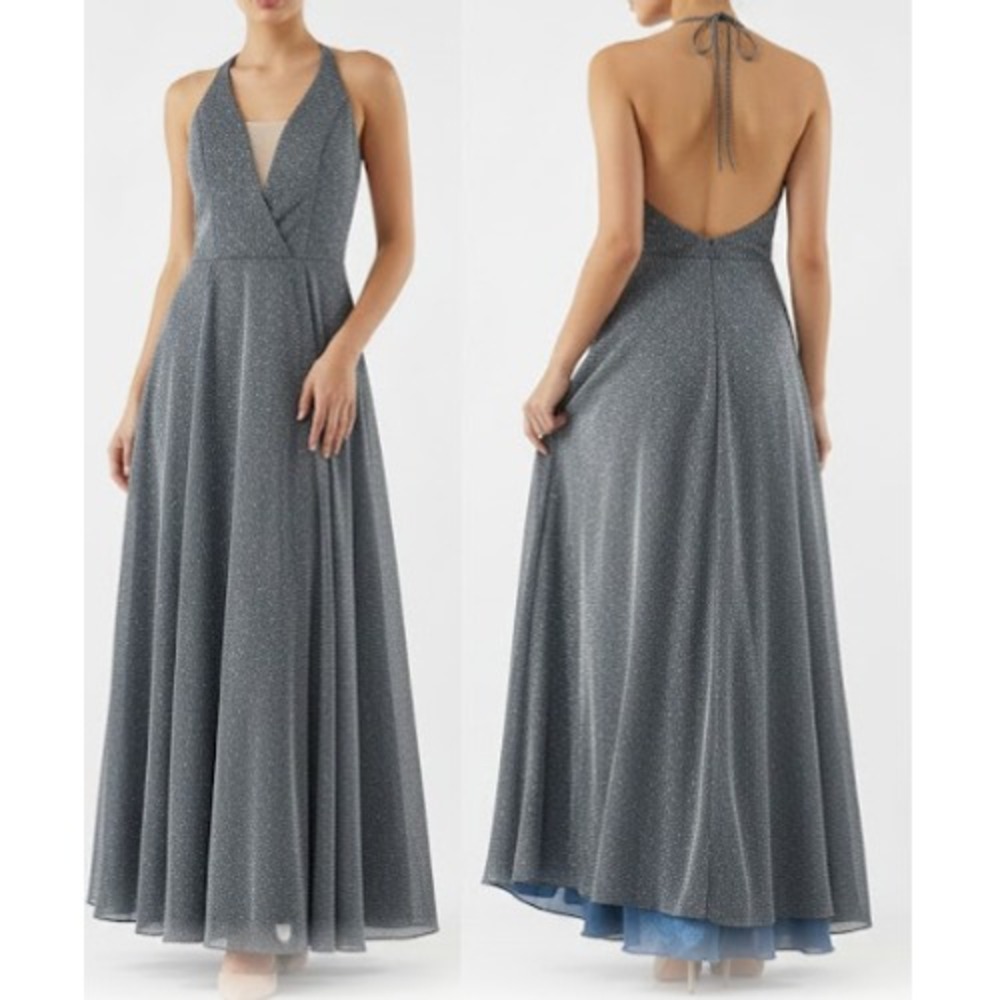 My Michelle Gown Women 0‎ Silver Glitter Halter Maxi Formal Prom Juniors